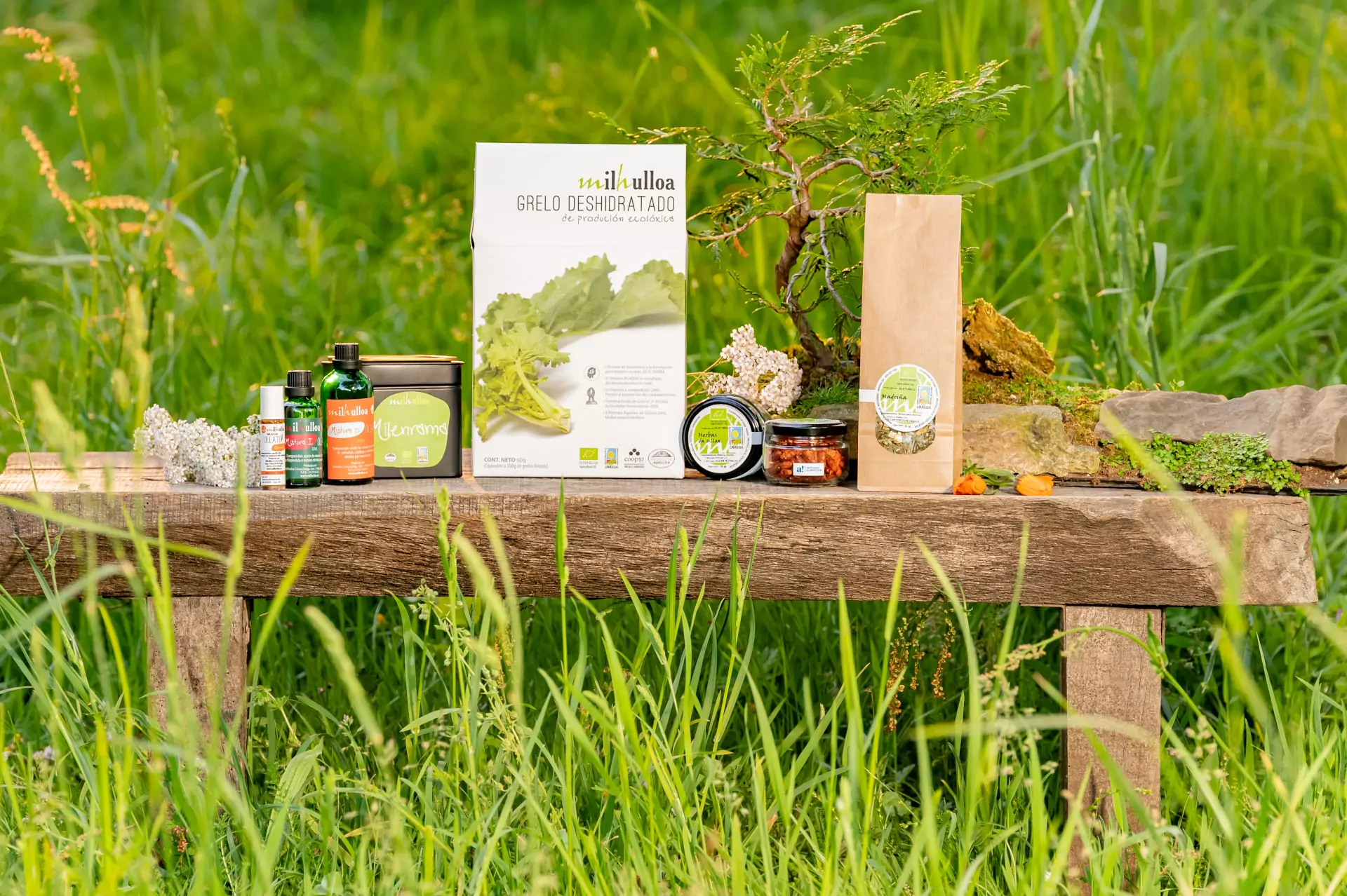 Produtos Milhulloa expostos sobre un banco de madeira entre herba