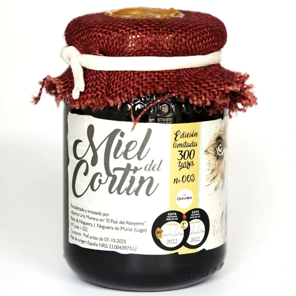 Tarro de mel Miel del Cortín con tapa de tea vermella