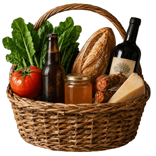 Cesta de vimbio con pan, viño, mel, queixo e verduras
